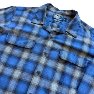 Polo Ralph Lauren HERITAGE SKI CAMP Shirt Men's L Blue Gray Plaid Button Front